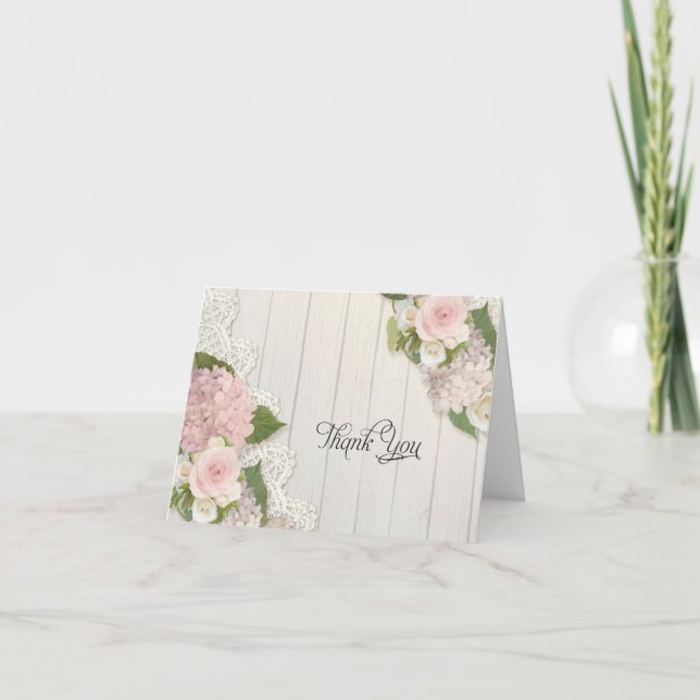 Thank You Notes Pink Hydrangeas Floral Lace Wood (Front)