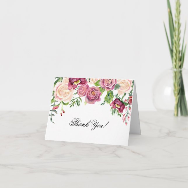 Thank You Notes Watercolor Burgundy Rose Floral (Front)