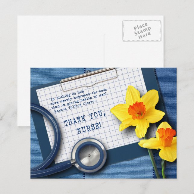 Thank You Nurse. Spring Daffodils and Stethoscope Postcard (Front/Back)