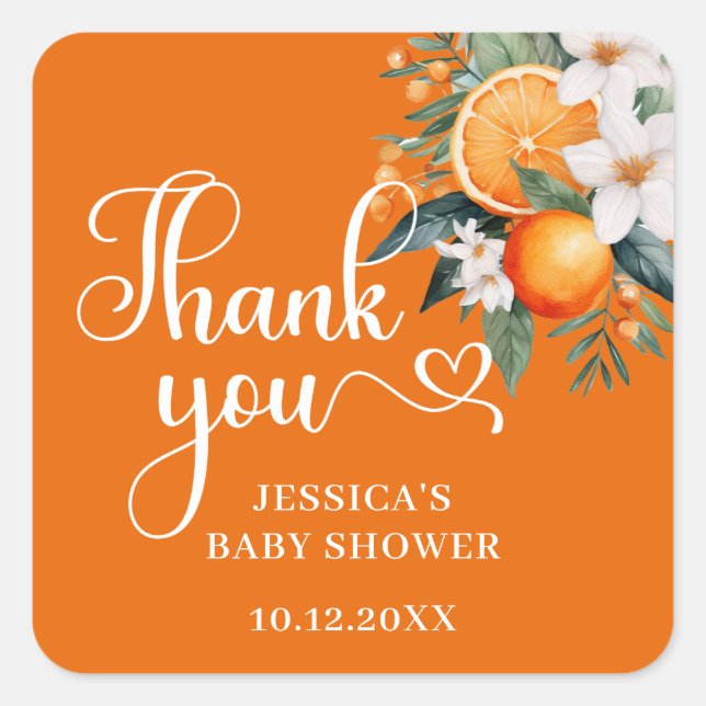 Thank You Orange Baby Shower Favour Classic Round Square Sticker (Front)
