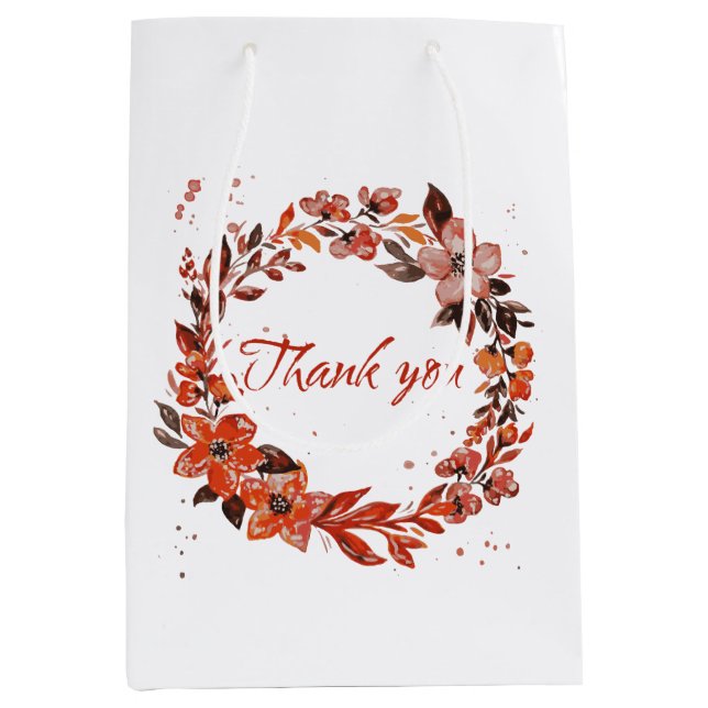 Thank You Orange Floral Heart Wreath Medium Gift Bag (Front)