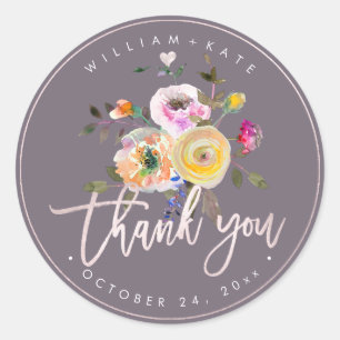 Thank You, Pastel Roses Blush Modern Script Classic Round Sticker