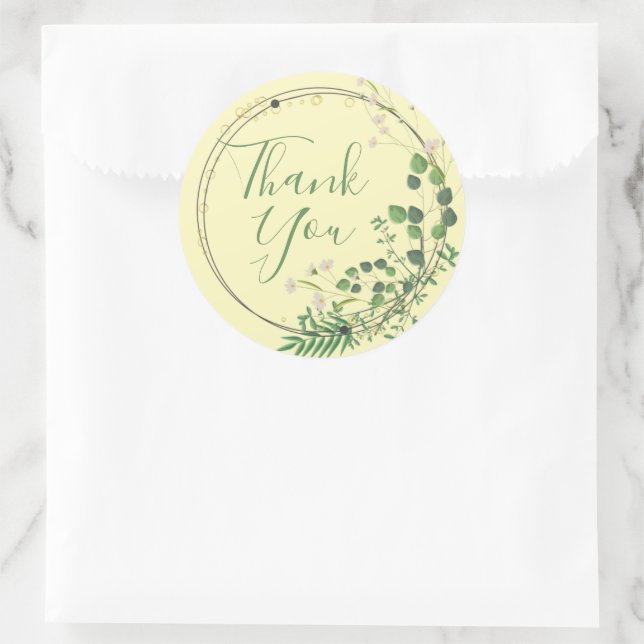 Thank You Pastel Yellow Greenery Wreath Classic Round Sticker (Bag)