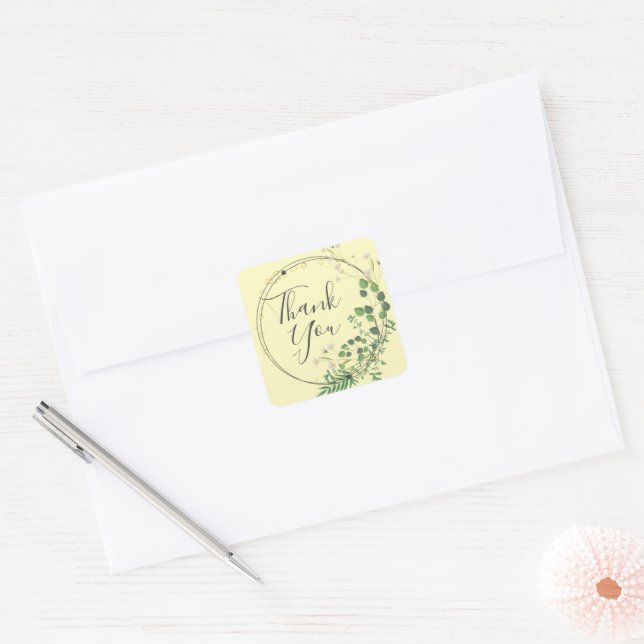 Thank You Pastel Yellow Greenery Wreath  Square Sticker (Envelope)