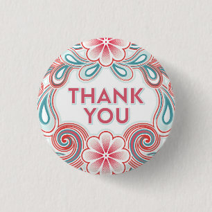 Thank You pattern with retro flowers and swirls 1 Inch Round Button