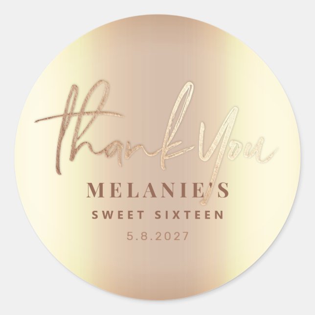 Thank You Personalized 16th Bridal Elegant Gold Classic Round Sticker (Front)