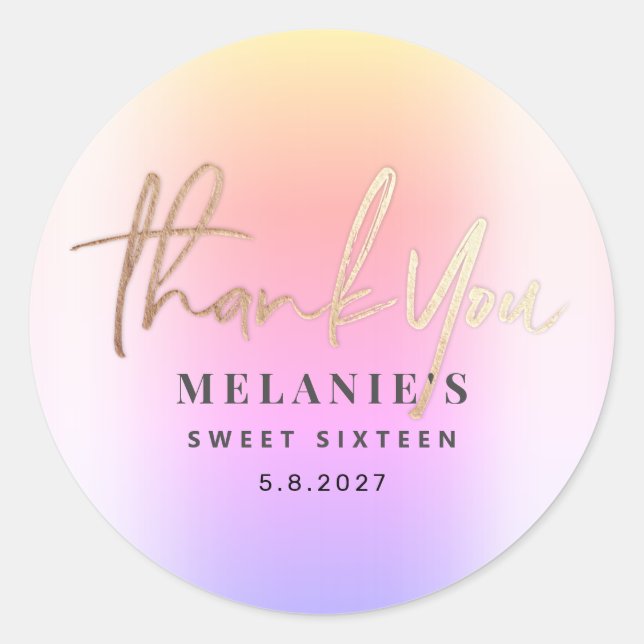 Thank You Personalized 16th Bridal Purple Ombre Classic Round Sticker (Front)