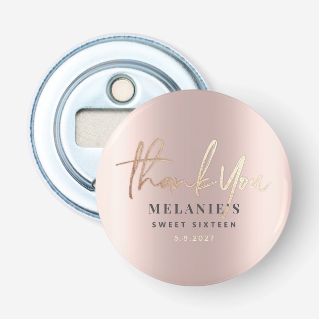 Thank You Personalized 16th Bridal Rose Gold Chic Bottle Opener (Front)