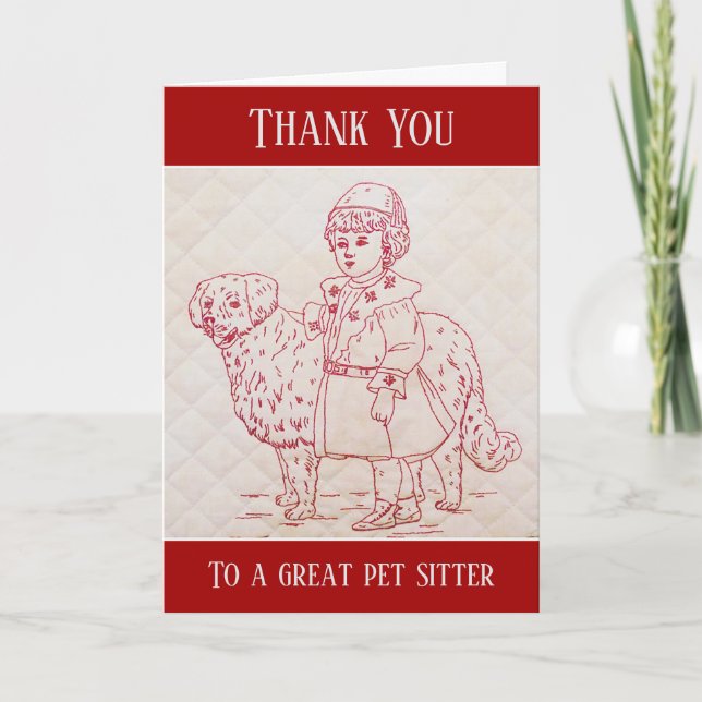 Thank You Pet Sitter Vintage Embroidery of Dog Card (Front)