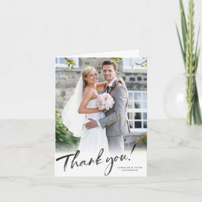 THANK YOU PHOTO elegant black ink calligraphy Card (Front)