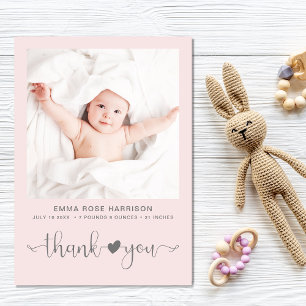 Thank You Photo Heart Arrow Pink Grey Girl Birth Announcement