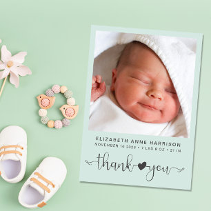 Thank You Photo Mint Green Birth Announcement