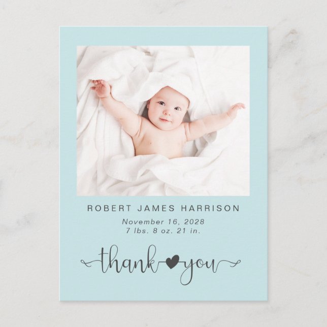 Thank You Photo Sea Blue Birth Announcement Postcard (Front)