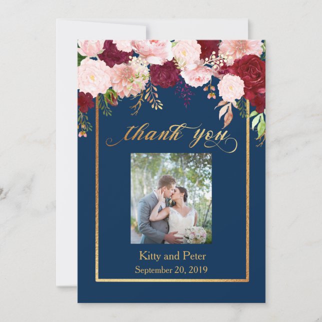 Thank You Photo Wedding Floral Navy Burgundy Gold (Front)