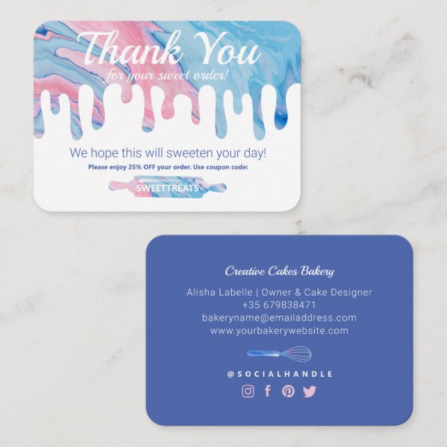 Thank You | Pink Blue Marble Drip Bakery Discount Enclosure Card (Front/Back)