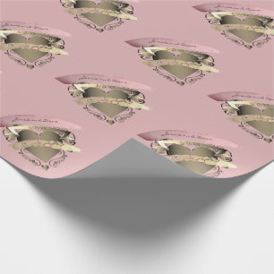 "Thank you" Pink Bronze Heart Emblem Wedding  Wrapping Paper