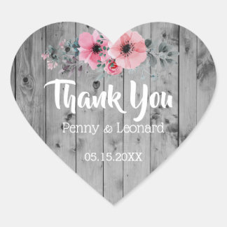 Thank You Pink Floral | Rustic Wood Wedding Favour Heart Sticker