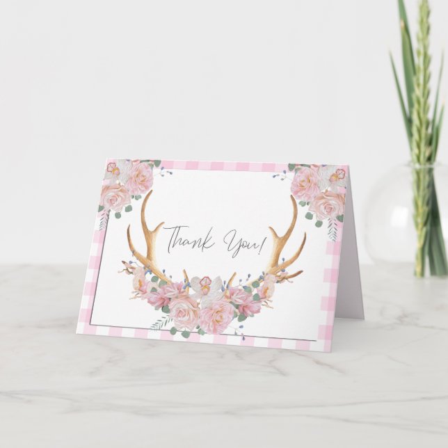 Thank You | Pink Gingham BOHO Floral Antlers Card (Front)