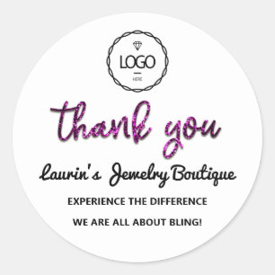 Thank You Pink Glitter Script Name Logo White   Classic Round Sticker