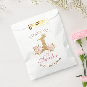 Thank you Pink Gold Crown Princess 1st Birthday Favour Bag
