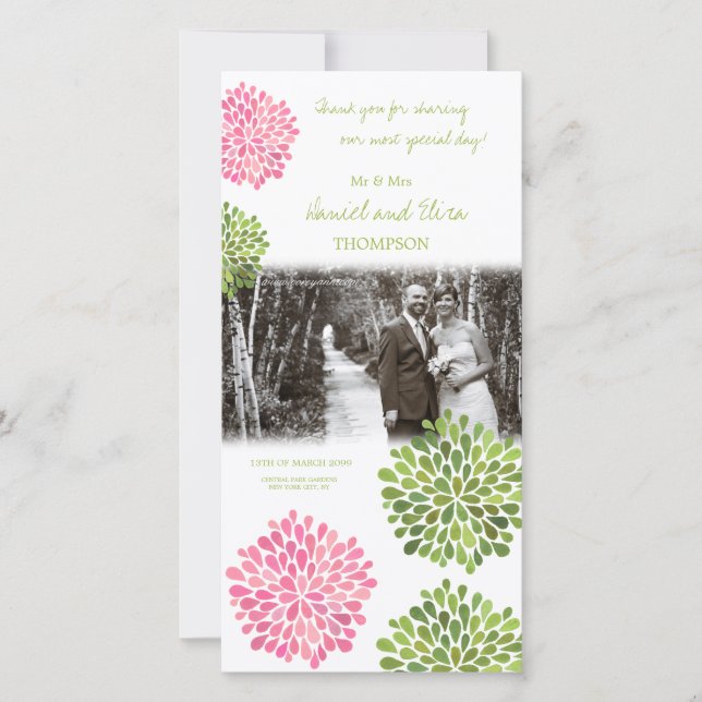 Thank You Pink & Green Blooms Wedding Photo (Front)
