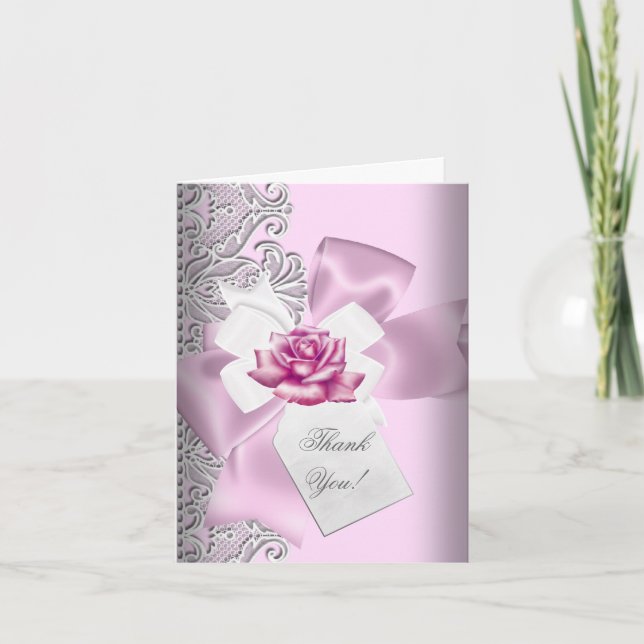 Thank You Pink Grey White Lace Card (Front)