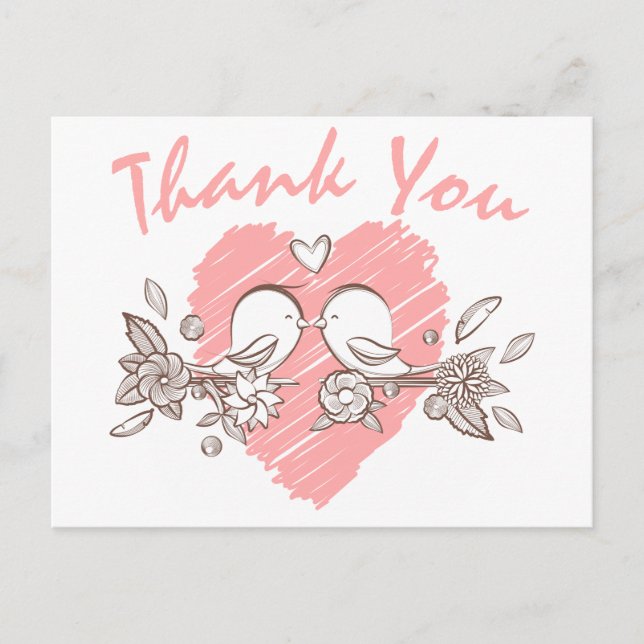 Thank You Pink Heart Lovebirds Wedding Postcard (Front)