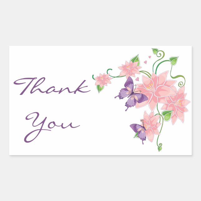 Thank You Pink Lilies Floral Butterfly Stickers (Front)