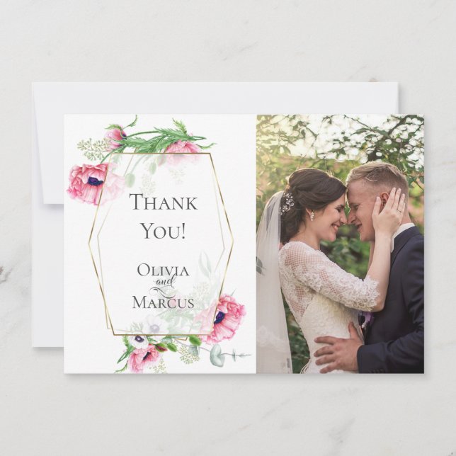 THANK YOU | Pink Poppies Botanical PHOTO Frame Card (Front)