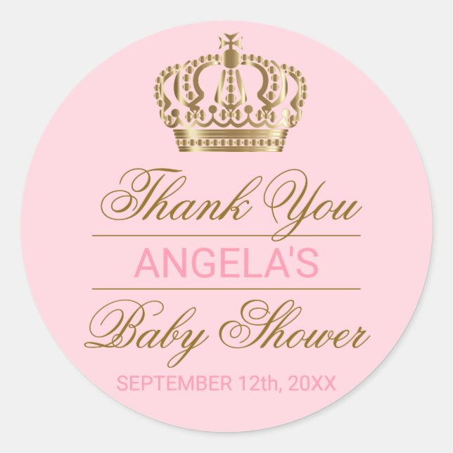 Thank You Pink Princess Gold Crown Baby Shower Classic Round Sticker (Front)