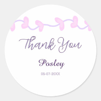 thank you pink purple pastel wedding name date lea classic round sticker
