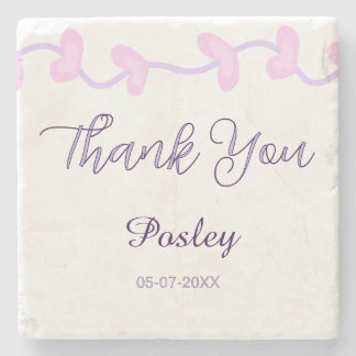 thank you pink purple pastel wedding name date lea stone coaster