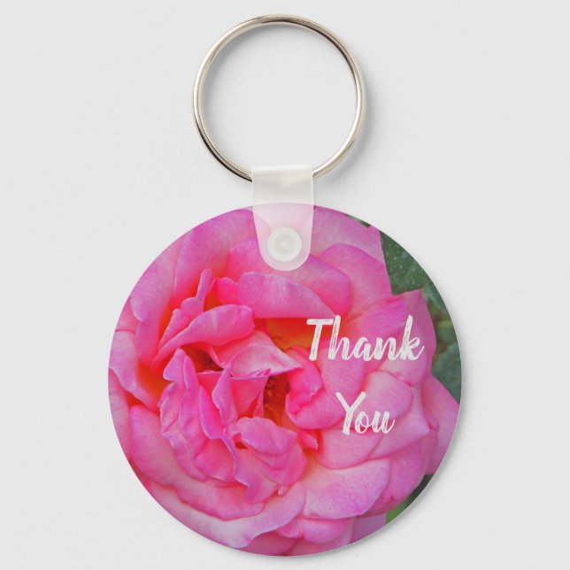 Thank You Pink Rose Petal Flower Bloom Photo Keychain (Front)