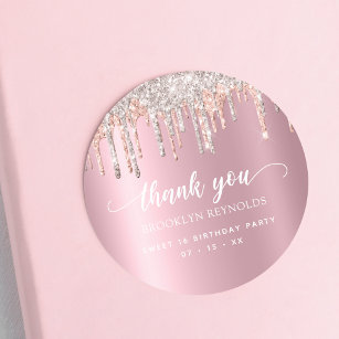 Thank You Pink Silver Glitter Drips Sweet 16 Classic Round Sticker