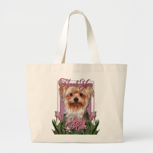 Thank You - Pink Tulips - Yorkshire Terrier Large Tote Bag (Front)