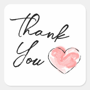 Thank You Pink Watercolor Heart Square Sticker