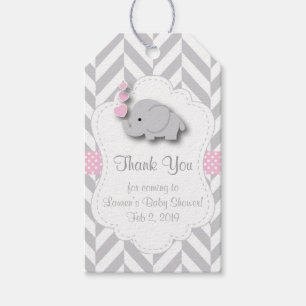 Thank You - Pink, White Grey Elephant Baby Shower Gift Tags