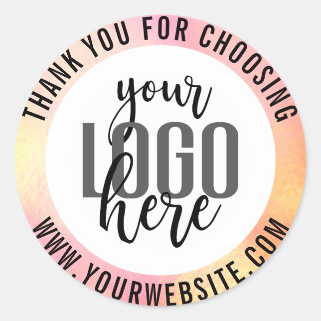 Thank You Pink Yellow Holograph Foil Business Logo Classic Round Sticker (Front)