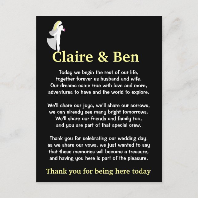 Thank you poem for wedding day guests postcard (Front)