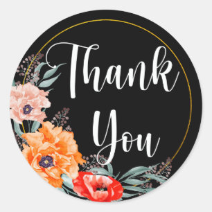 Thank You Poppy Flowers Black  Classic Round Stick Sticker