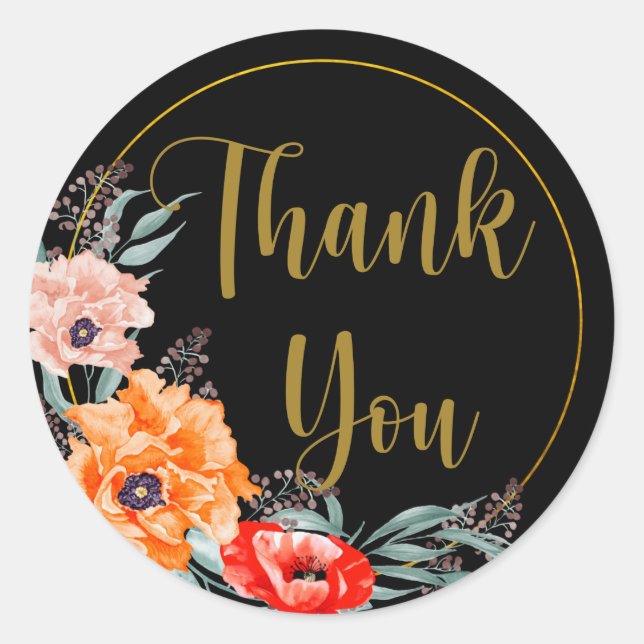 Thank You Poppy Flowers Black  Classic Round Sticker (Front)