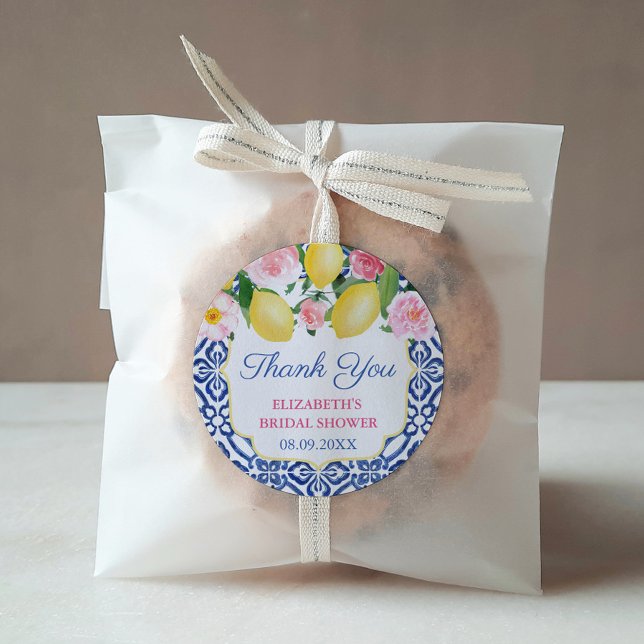 Thank You Positano Lemons Wedding Shower Favour Classic Round Sticker (Bridal Shower Favor: Lemons with pink flowers against a blue and white Portuguese tile background. )