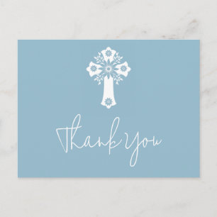 Thank You Postcard Floral Christening Sky Blue