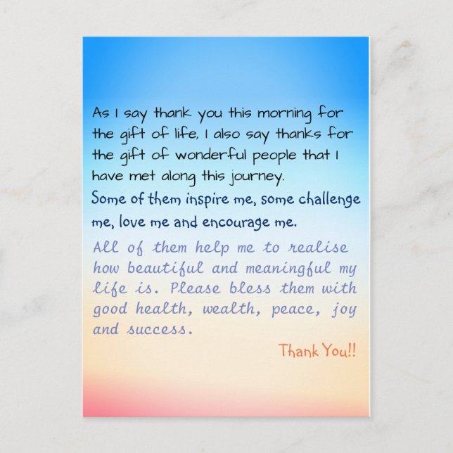 Thank You Prayer Inspirational Life Quote Postcard (Front)