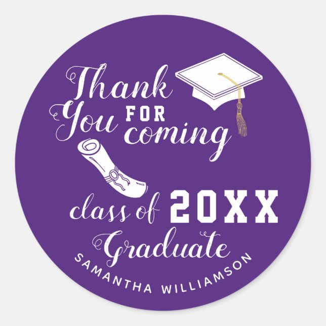 Thank You Purple and White Class of 2025 Graduate Classic Round Sticker (Front)