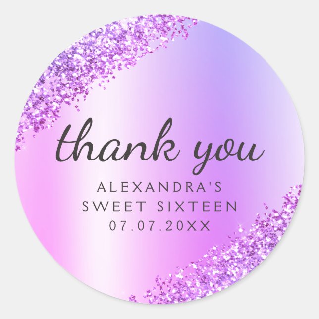 Thank You Purple Ombre Glitter Girly Sweet 16 Classic Round Sticker (Front)