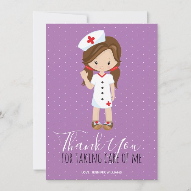 Thank You Purple Script Brunette Cartoon Nurse (Front)