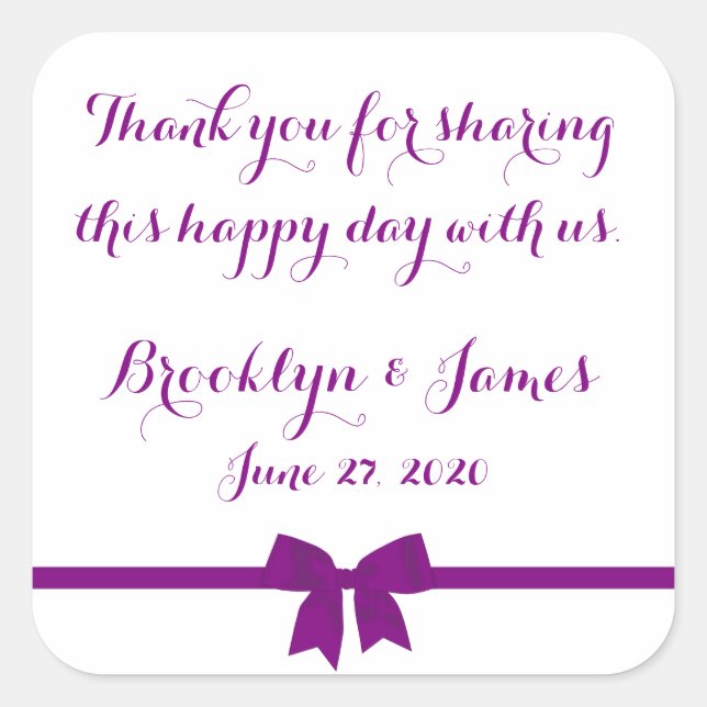 Thank You Purple Wedding Favour Stickers With Bow (Front)