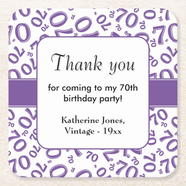 Thank You: Purple/White 70th Random Number Pattern Square Paper Coaster (Front)