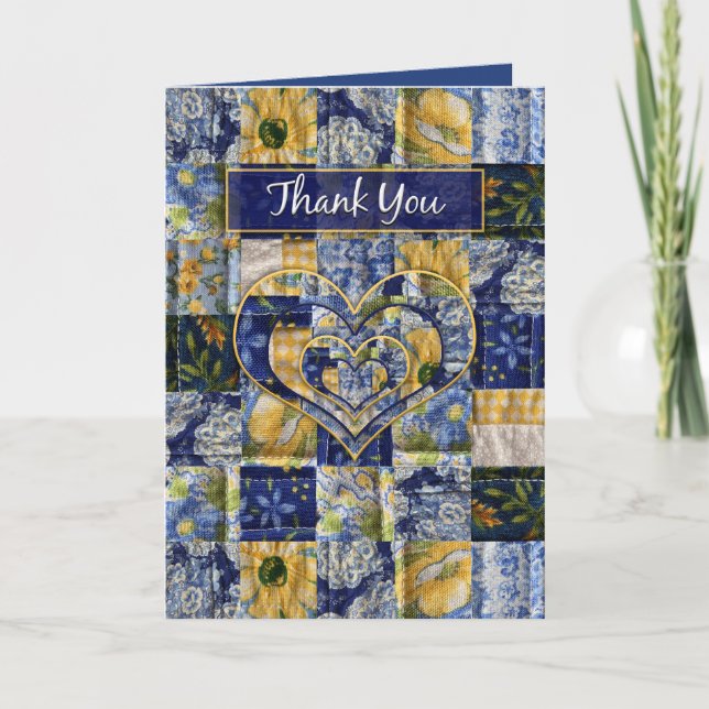 Thank You, Quilt Square, Yellow Blue, Floral Print Card (Front)